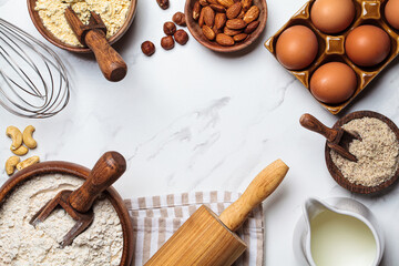 Alternative nut flour and baking ingredients, white background. Keto diet and gluten free concept.