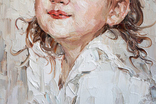 .Little girl laugh. The child smiles. Oil painting on canvas.