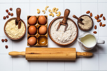 Alternative nut flour and baking ingredients, white background. Keto diet and gluten free concept.