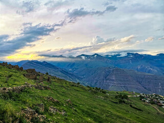 Fototapeta premium Panoramic view of the mountains from the ancient village of Goor. Russia, Dagestan 2021
