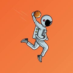 Fototapeta na wymiar Astronaut play planet ball and make slam dunk vector illustration