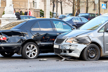 Plakat car crash accident on street. damaged automobiles