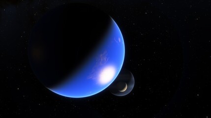 Sunrise from behind blue planet. Fantastic scientific landscape of planets in space. Boundless black space, a fictional blue planet. 3d render