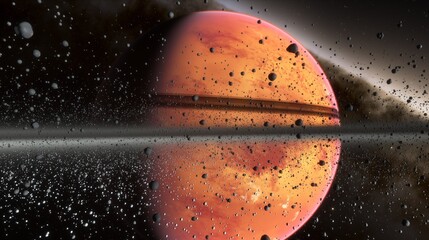 Fantastic planet, Saturn rings. Gas giant planet with an asteroid ring around its orbit in space. Space science fiction. 3d render © angel_nt