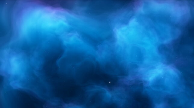 Blue cosmic nebula, clouds of dust and gas in space. Birth of new stars and galaxies. Boundless universe, stars in blue space. 3d render