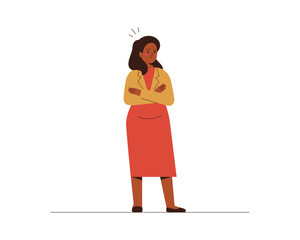 African American woman dissatisfied with someone or disagrees with something. Confident female crossed her arms expressing protest and annoyance. Vector illustration isolated on white