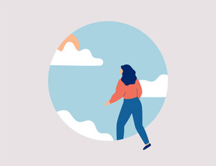 Woman starts a new life. Female doing first step in the future. Girl wants to get rid of psychological problems. Concept of mental health improvement. Vector illustration - obrazy, fototapety, plakaty