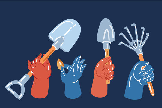 Cartoon vector illustration of Garden work elements. Bundle of equipment for agricultural work, plant cultivation or transplantation, work in garden. Hands holdining Sovel, rake, seed, throwel