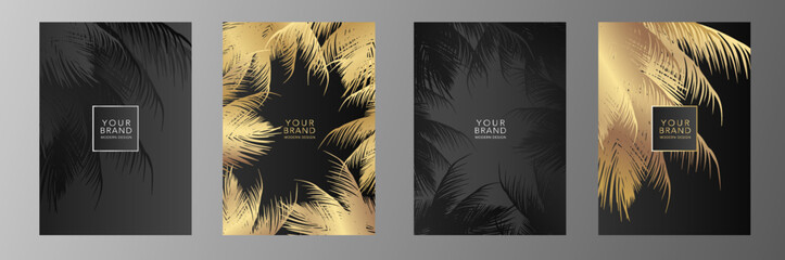 Tropical cover design set with golden leaves, palm tree pattern. Exotic floral vector background for poster, brochure, luxury menu, flyer, summer template, eco catalog, business card template.