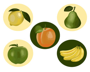 Vector set of fruits in green and yellow colors, apricot, apple, pear, banana and lemon