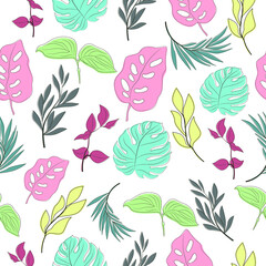 Vector illustration Pattern multicolored tropical plants leaves and flowers blue blue green yellow pink contour