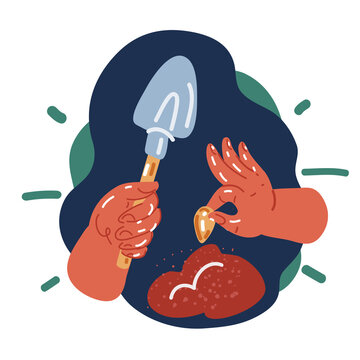 Cartoon vector illustration of seed and throwel in hands