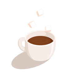 Cube Sugar Dropping Into Coffee cup. Espresso coffee vector.