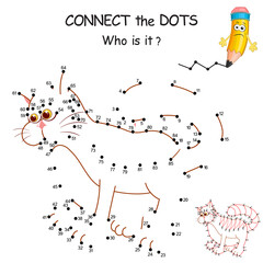Connect the dots by numbers to draw the cartoon Cat. Dot to dot. Education Game and Coloring Page with funny Kitten. Logic Game for Kids. Education card for kid learning counting number.