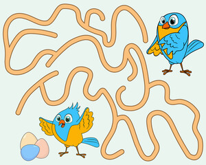 Logic Game for kids. Help the bird find the pathway to eggs. Entry and exit. Labyrinth with solution. Educational maze game with cute parrot family. Learning game. Vector cartoon style illustration.