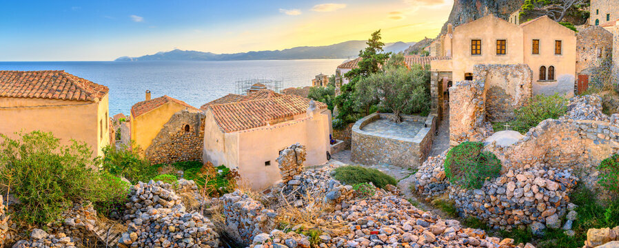 Beautiful picturesque parorama old medieval castle town of Monemvasia in Lakonia at sunrise, Peloponnese, Greece. "Greek Gibraltar"