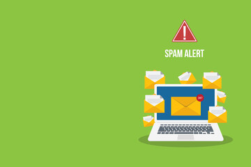Spamming concept, a lot of emails on the screen of a monitor. Email box hacking, spam warning. Vector illustration. - obrazy, fototapety, plakaty