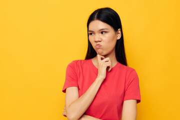 Portrait Asian beautiful young woman red t-shirts posing modern style studio model unaltered