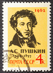 USSR - CIRCA 1962: A stamp printed in the USSR, shows portrait of Pushkin - Russian poet, circa 1962