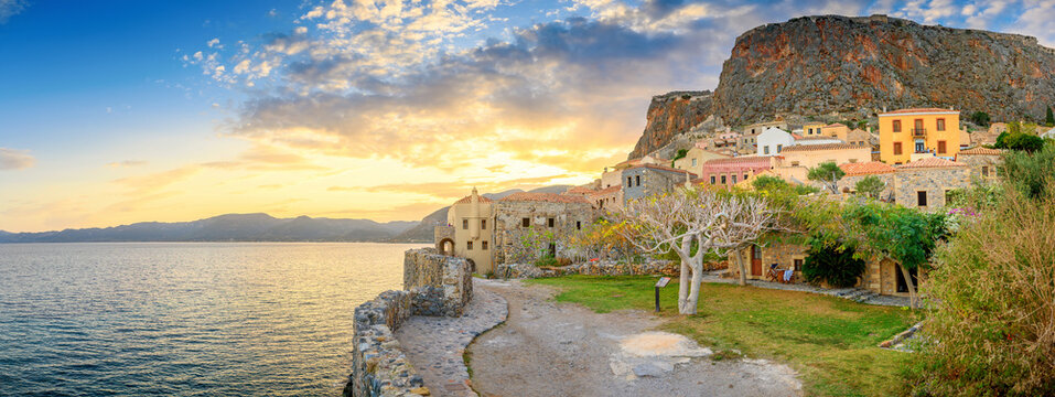 Beautiful picturesque parorama old medieval castle town of Monemvasia in Lakonia at sunrise, Peloponnese, Greece. "Greek Gibraltar"