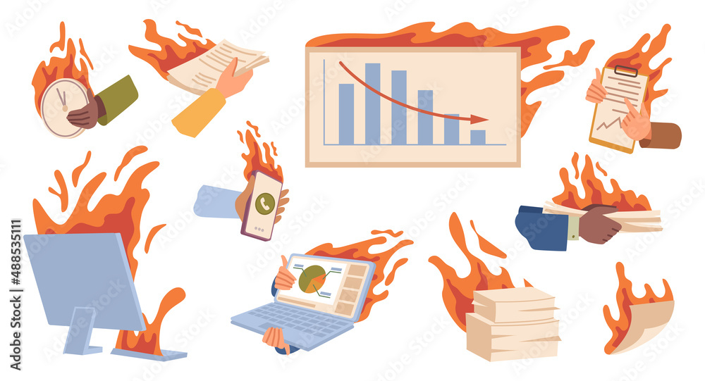 Poster deadline, work projects and urgent tasks for job, charts and paperwork in fire and flame. vector pla