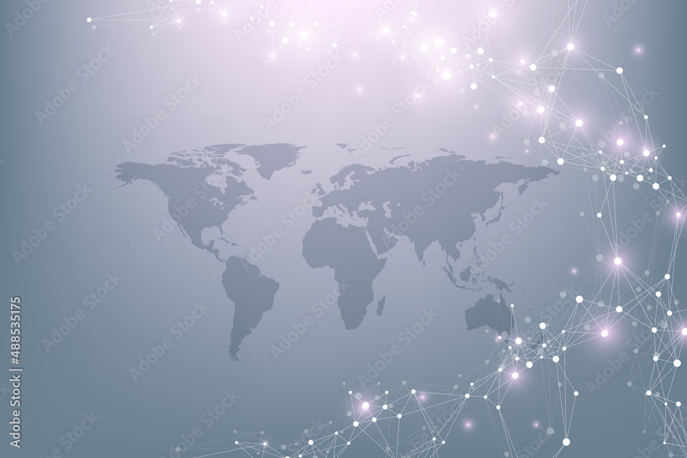 Aufkleber World map global technology networking concept. Digital data visualization. Lines plexus. Big Data background communication. Scientific illustration.
