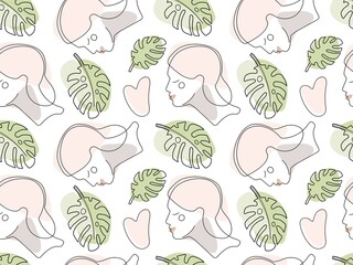 Seamless pattern with Young woman portrait, Gua sha stones, tropical leaf line art. Natural rose quartz Stone Scraper. Massage therapy. Repeated Vector illustration for wallpaper, textile, packaging.