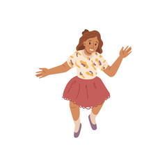Preteen smiling kid jumping from excitement, isolated girl from school. Vector child with joyful facial expression, funny games, playful mood. Happy active schoolgirl, flat cartoon character
