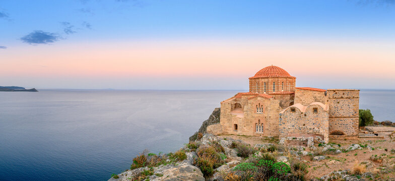 Panorama of Church of St. Sophia in medieval castle town of Monemvasia in Lakonia at sunrise, Peloponnese, Greece.