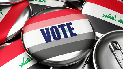 Vote in Iraq - national flag of Iraq on dozens of pinback buttons symbolizing upcoming Vote in this country. , 3d illustration
