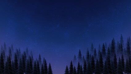 Fototapeta na wymiar Starry night sky illustration with fir trees blue 전나무 배경 밤하늘 일러스트
