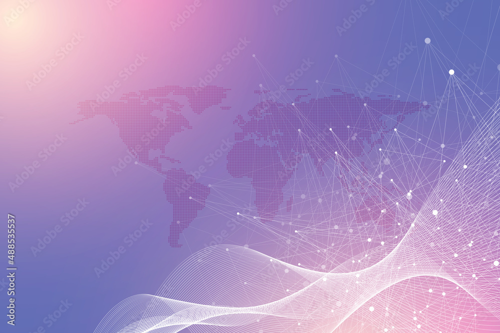 Poster Big data visualization. Geometric abstract background visual information complexity. Futuristic infographics design. Technology background with connected line and dots, wave flow illustration