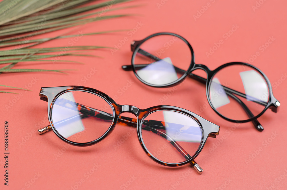 Wall mural stylish women's glasses on a colored background with palm leaves