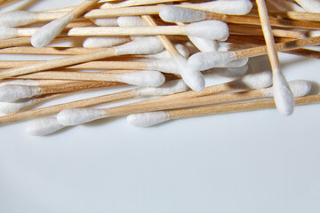 Flat lay Eco-friendly cotton swabs, bamboo cotton buds