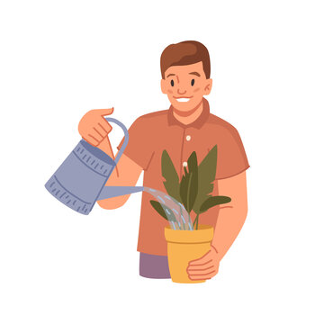 Happy boy with smile on face caring for plants and nature. Vector boy with watering can pour liquid to pot, cultivation and environmental care, organic growing and farming. Flat cartoon character
