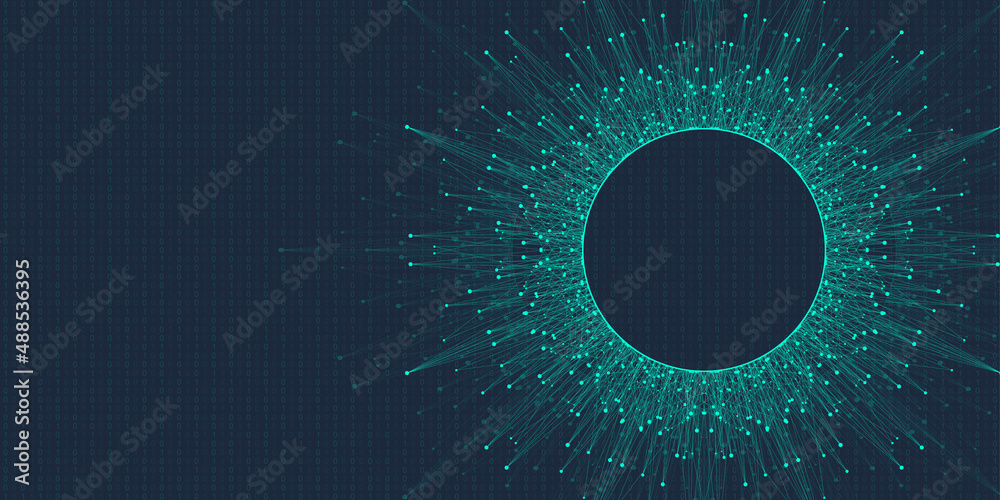 Poster Quantum computer technology banner design template concept. Deep learning artificial intelligence. Big data algorithms visualization for business, science, technology. Waves flow, illustration.