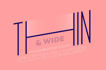Thin and wide fonts style combined together, alphabet letters and numbers vector illustration