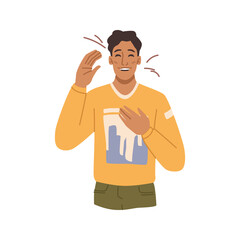 Funny male personage expressing positive emotions and laughter. Vector man laughing and smiling, giggling boy in fashionable clothes. Student overjoyed with pranks or jokes. Flat cartoon character