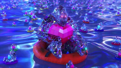 Love concept. Diamond gorilla swims on a life buoy and holds a red heart in his hands. 3d animation of seamless loop