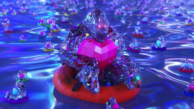 Love concept. Diamond gorilla swims on a life buoy and holds a red heart in his hands. 3d animation of seamless loop