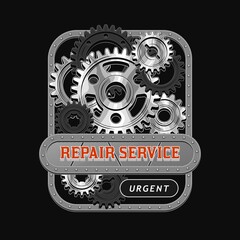 Vintage rectangular label with black, silver steel gears, metal rail, rivets, horizontal space for text. Emblem for repair service in steampunk style. . Good for craft design.
