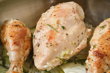 Meal of Onion rings and Fried Chicken. Shallow depth of field