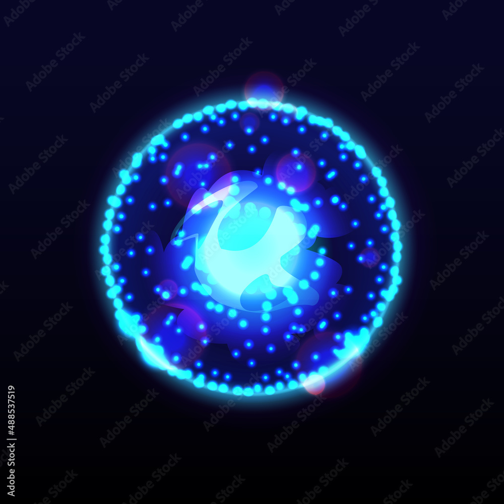Poster Electric sphere with dot particles, energy ball with plasma and molecules. Vector lightning and sparkling circular object, powerful blast or thunderbolt, explosion neon round element in outer space