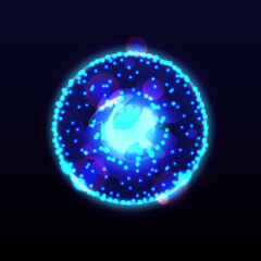 Electric sphere with dot particles, energy ball with plasma and molecules. Vector lightning and sparkling circular object, powerful blast or thunderbolt, explosion neon round element in outer space