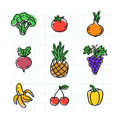 Fruits and vegetables illustrations set. Part two. Hand drawn. Vector Illustration