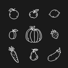 Fruits and vegetables illustrations set. Part two. White outline. Hand drawn. Vector Illustration