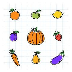 Fruits and vegetables illustrations set. Part two. Hand drawn. Vector Illustration