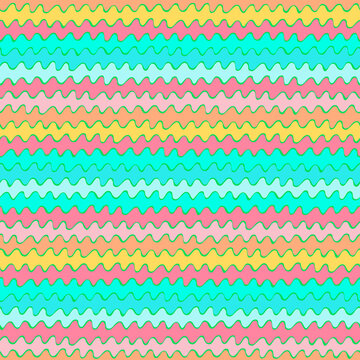 Seamless repeating pattern with hand drawn futuristic abstract bright curved and rounded shapes Y2K bug style, for surface design and other design projects