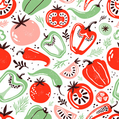 Seamless pattern doodle vegetables on white background. Red and green pepper, hot chili, tomatoes, jalapeno, paprika, seeds, herbs. Vegetables cut half, piece. Farm products. Hand drawn illustration.