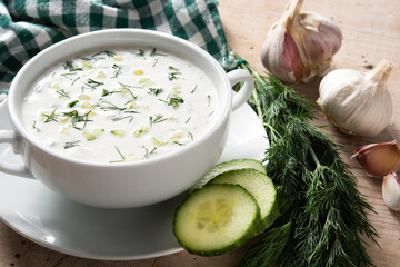 Bulgarian tarator sour milk soup in bowl on wooden table